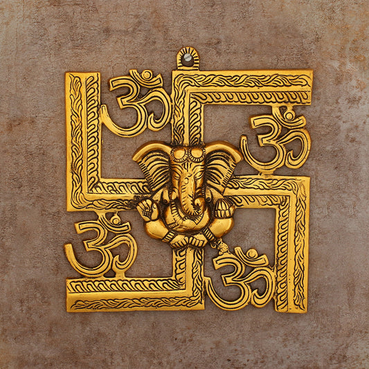 eCraftIndia Lord Ganesha on Om Swastik Metal Golden Wall Hanging